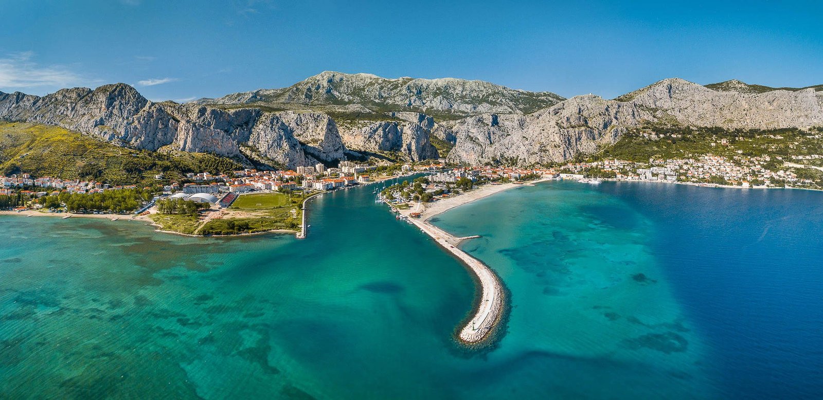 Aerial view of Omis, where the Cetina river meets the Adriatic
