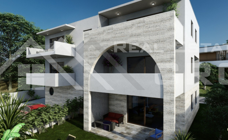 Modern apartments in a new development with a pool and garage